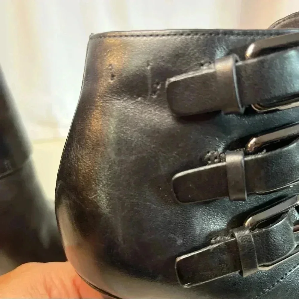 EUC MICHAEL KORS ANKLE BOOT BLK SZ 6M LEATHER 3 BUCKLE ZIPPER 3 IN STILETTO